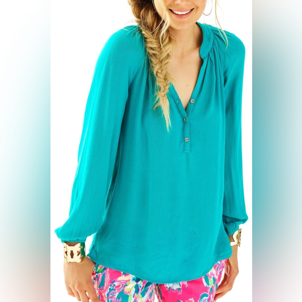 Lilly Pulitzer Teal Long-Sleeve Henley Blouse